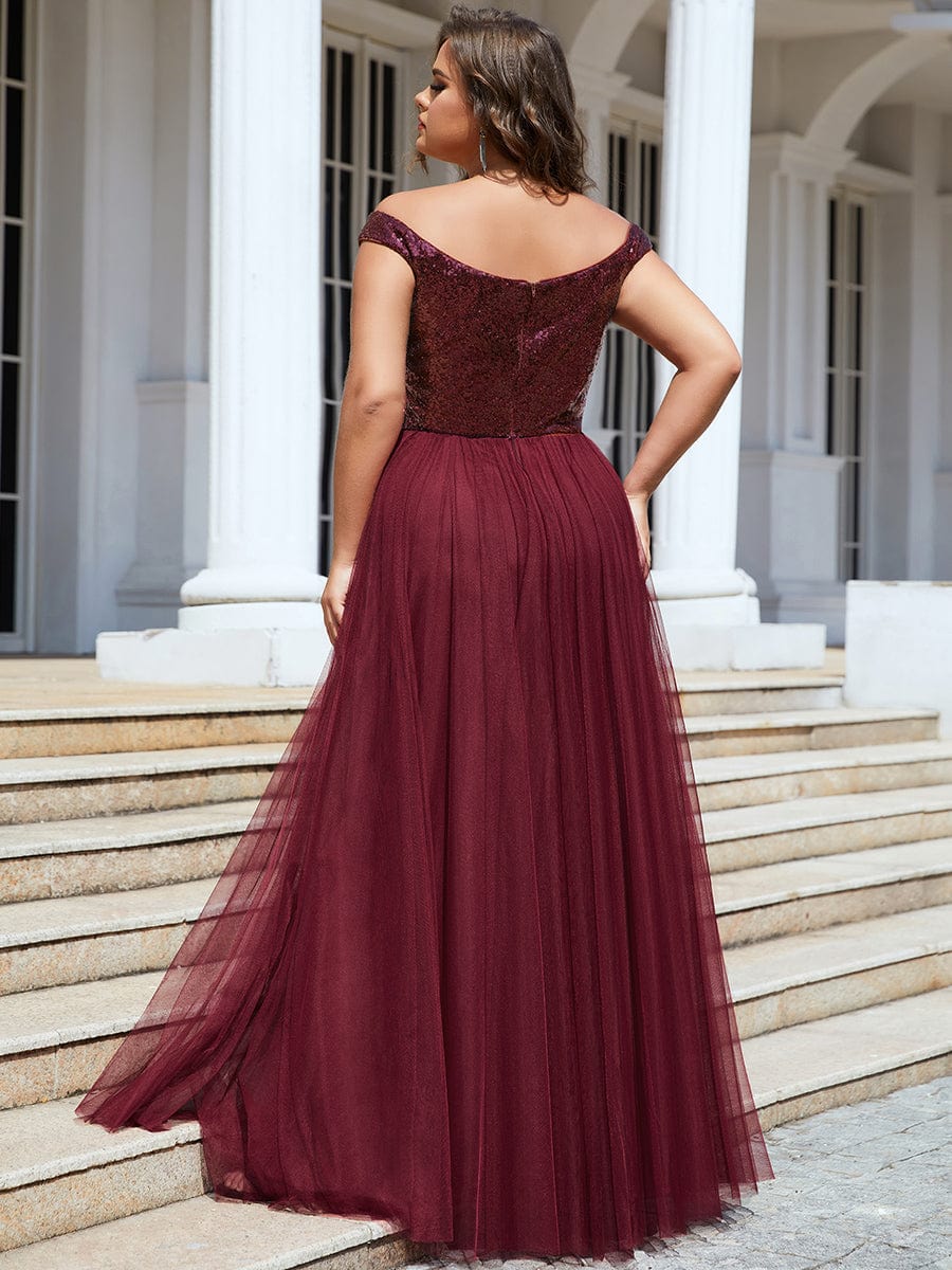 Custom Size A-line Sequin Off the Shoulder Maxi Tulle Evening Dress #color_Burgundy