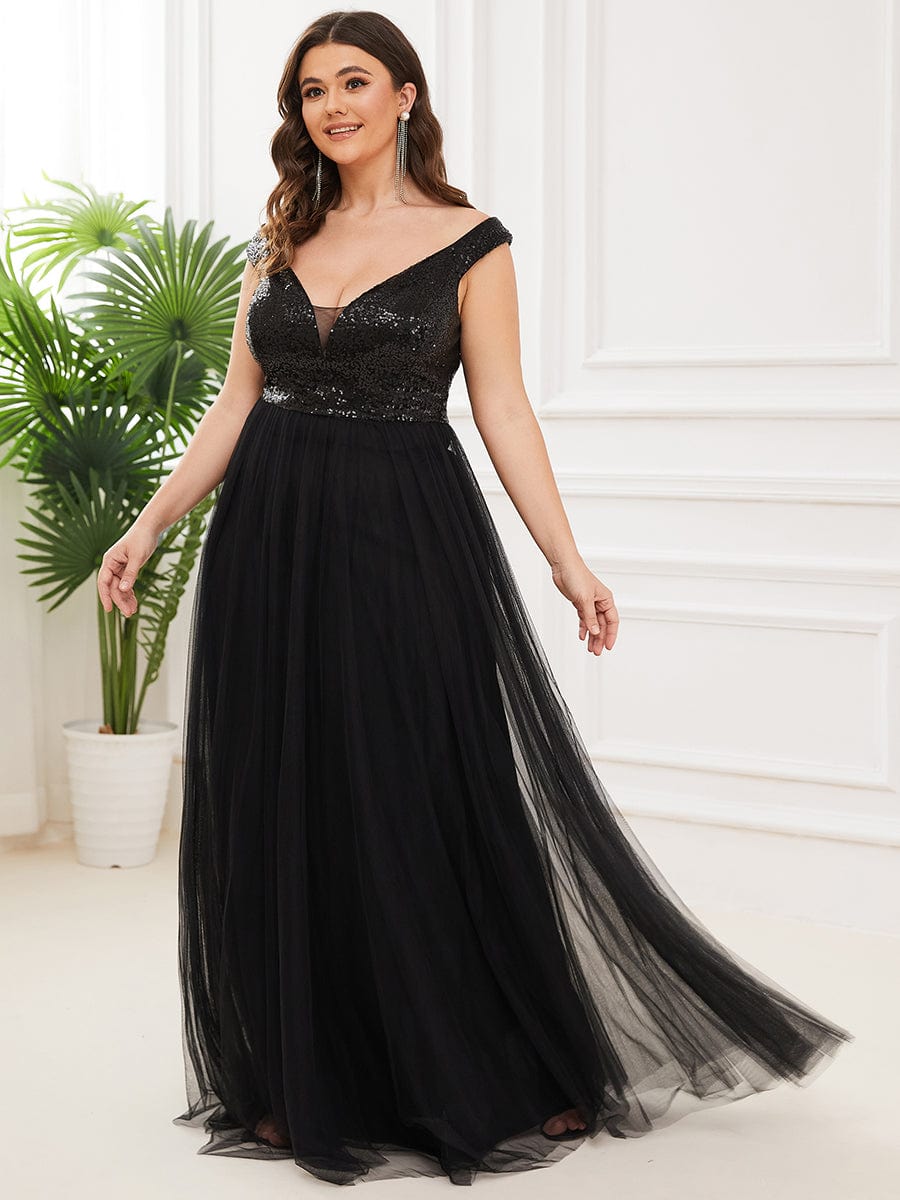 Custom Size A-line Sequin Off the Shoulder Maxi Tulle Evening Dress #color_Black