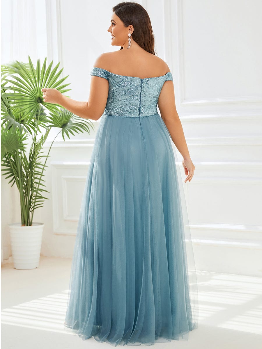 Custom Size A-line Sequin Off the Shoulder Maxi Tulle Evening Dress #color_Dusty Blue