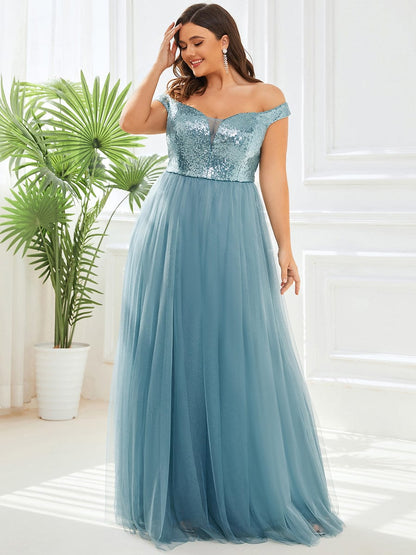 Custom Size A-line Sequin Off the Shoulder Maxi Tulle Evening Dress #color_Dusty Blue