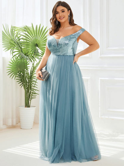 Custom Size A-line Sequin Off the Shoulder Maxi Tulle Evening Dress #color_Dusty Blue