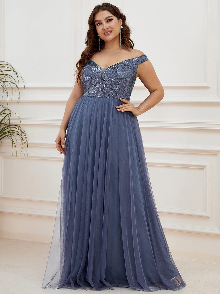 Custom Size A-line Sequin Off the Shoulder Maxi Tulle Evening Dress #color_Dusty Navy