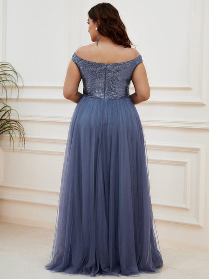 Custom Size A-line Sequin Off the Shoulder Maxi Tulle Evening Dress #color_Dusty Navy