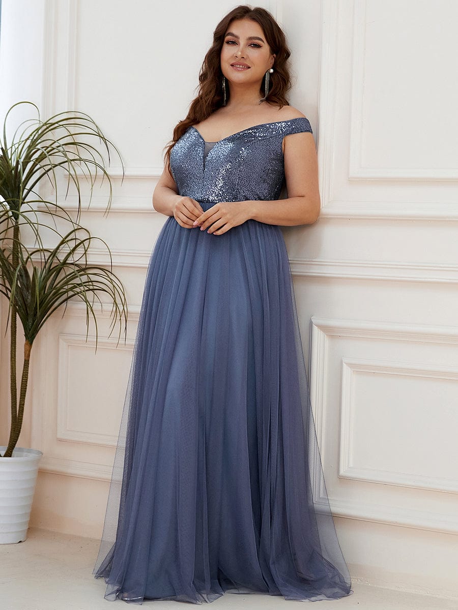 Custom Size A-line Sequin Off the Shoulder Maxi Tulle Evening Dress #color_Dusty Navy