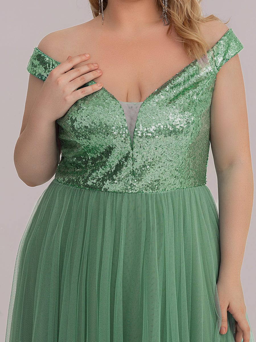 Custom Size A-line Sequin Off the Shoulder Maxi Tulle Evening Dress #color_Green Bean