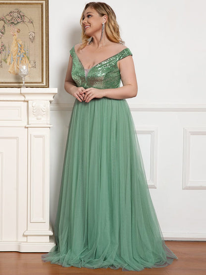 Custom Size A-line Sequin Off the Shoulder Maxi Tulle Evening Dress #color_Green Bean