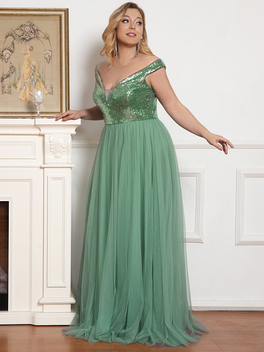 Custom Size A-line Sequin Off the Shoulder Maxi Tulle Evening Dress #color_Green Bean