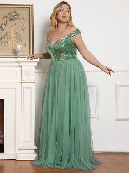 Custom Size A-line Sequin Off the Shoulder Maxi Tulle Evening Dress #color_Green Bean