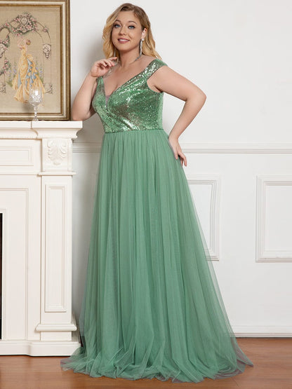 Custom Size A-line Sequin Off the Shoulder Maxi Tulle Evening Dress #color_Green Bean