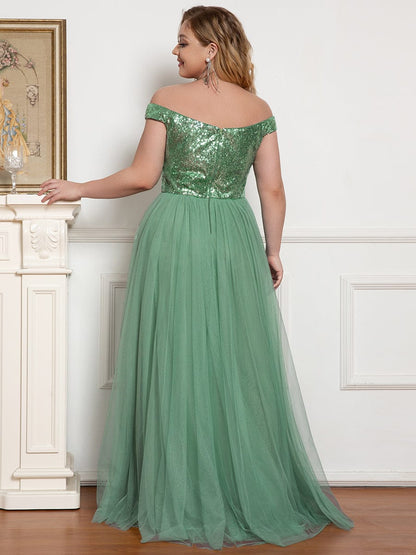 Custom Size A-line Sequin Off the Shoulder Maxi Tulle Evening Dress #color_Green Bean