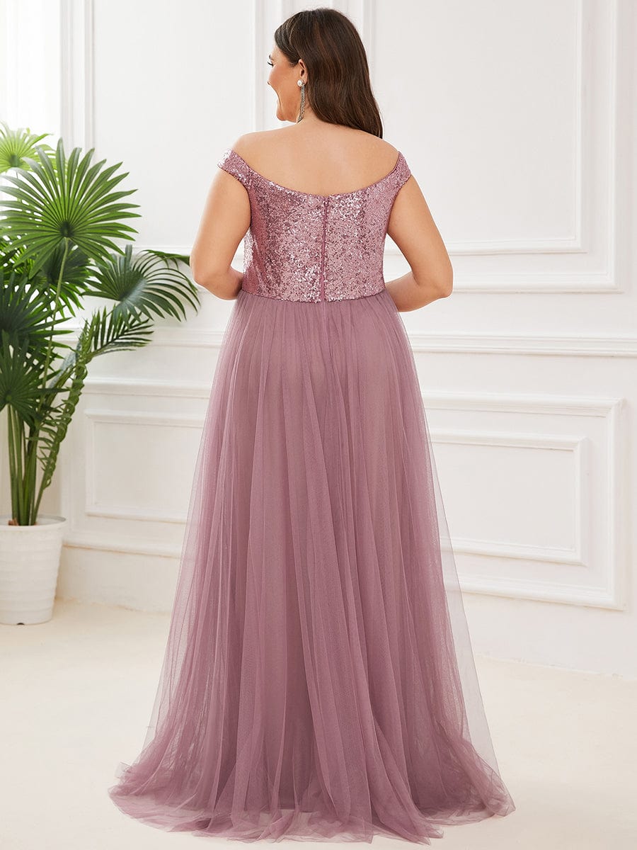 Custom Size A-line Sequin Off the Shoulder Maxi Tulle Evening Dress #color_Purple Orchid