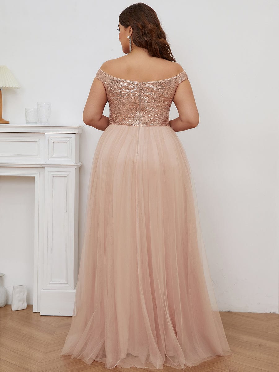 Custom Size A-line Sequin Off the Shoulder Maxi Tulle Evening Dress #color_Rose Gold