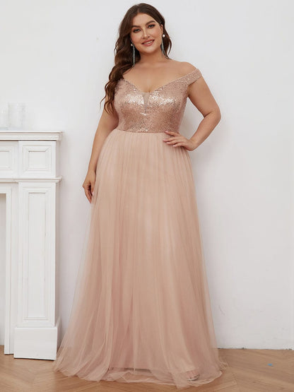 Custom Size A-line Sequin Off the Shoulder Maxi Tulle Evening Dress #color_Rose Gold