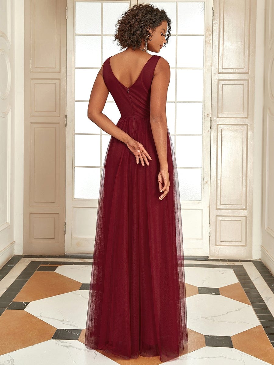 Sleeveless Tulle Sequin Chevron Empire Waist Evening Dress #color_Burgundy 