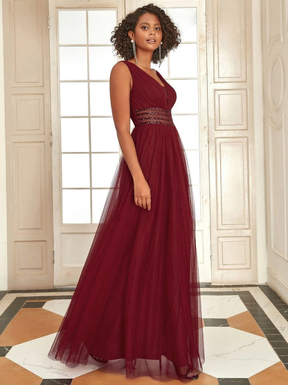 Sleeveless Tulle Sequin Chevron Empire Waist Evening Dress #color_Burgundy 