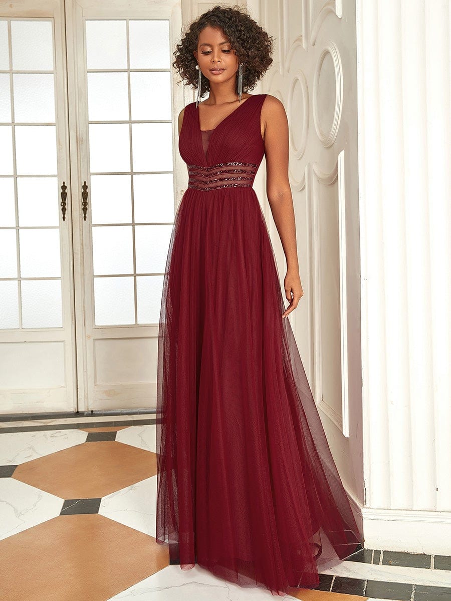 Sleeveless Tulle Sequin Chevron Empire Waist Evening Dress #color_Burgundy 