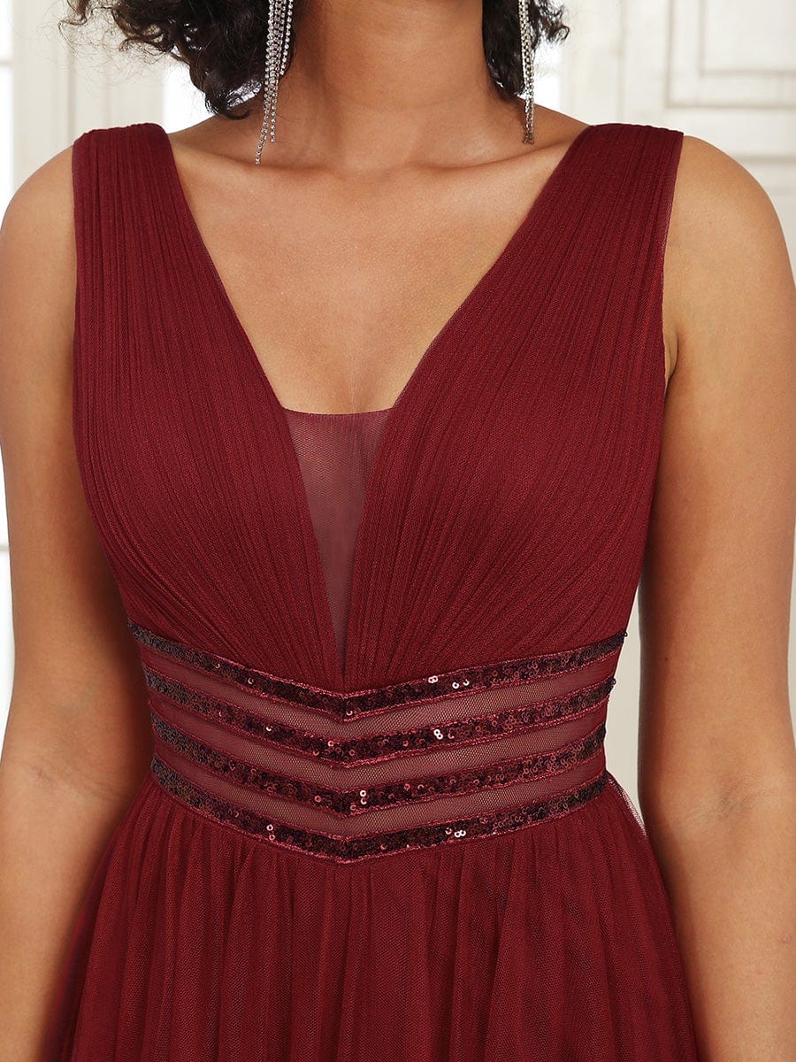 Sleeveless Tulle Sequin Chevron Empire Waist Evening Dress #color_Burgundy 