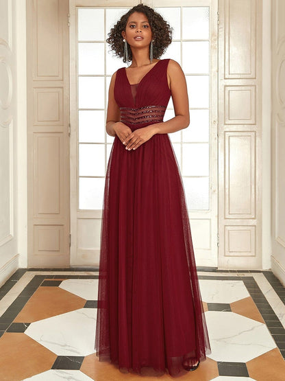 Sleeveless Tulle Sequin Chevron Empire Waist Evening Dress #color_Burgundy 