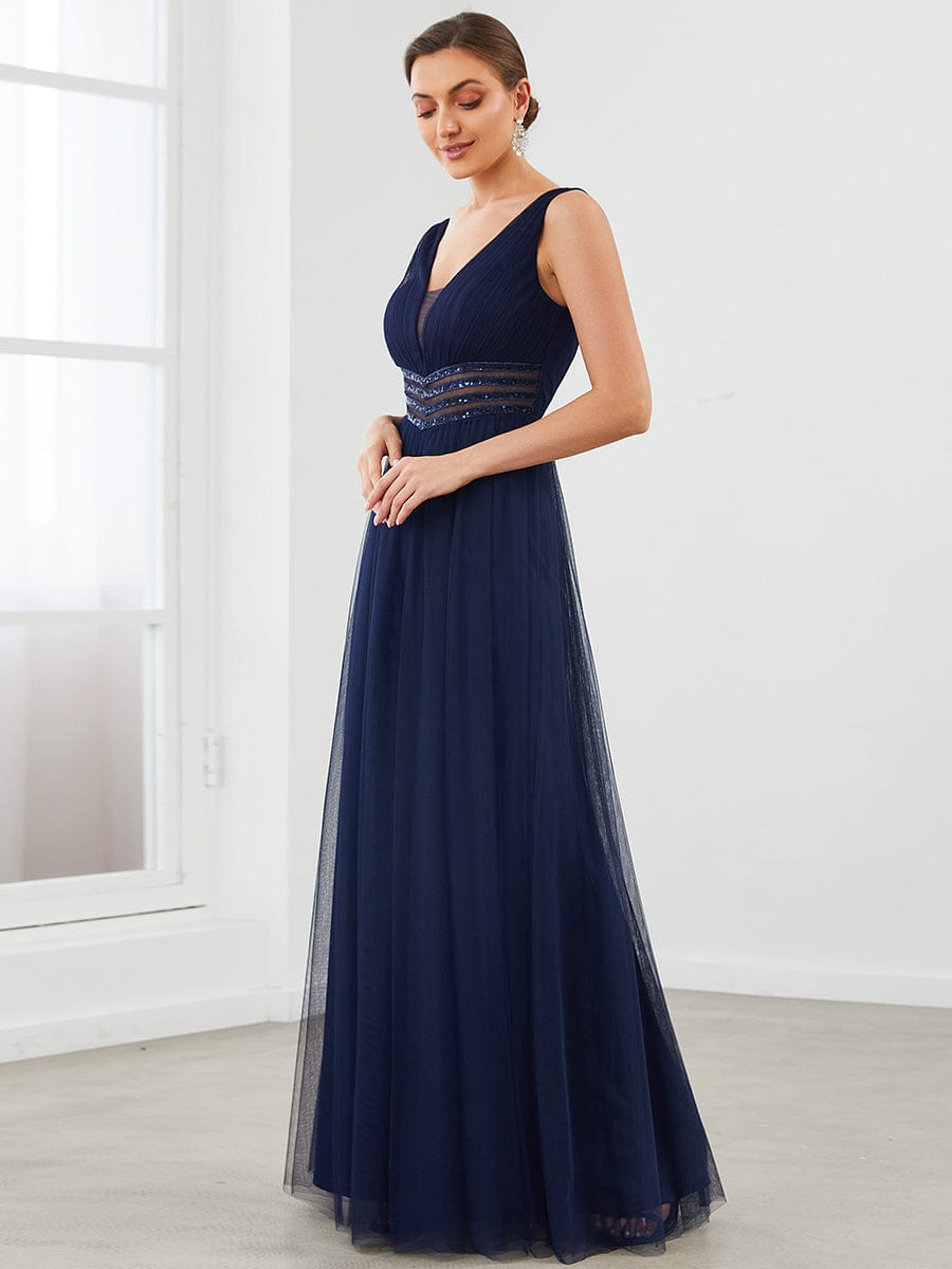 Sleeveless Tulle Sequin Chevron Empire Waist Evening Dress #color_Navy Blue 