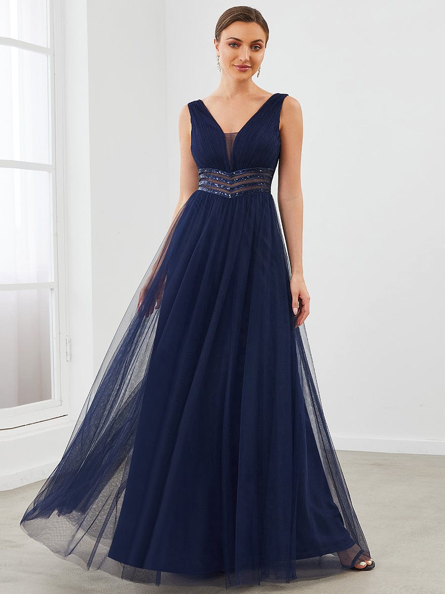 Sleeveless Tulle Sequin Chevron Empire Waist Evening Dress #color_Navy Blue 