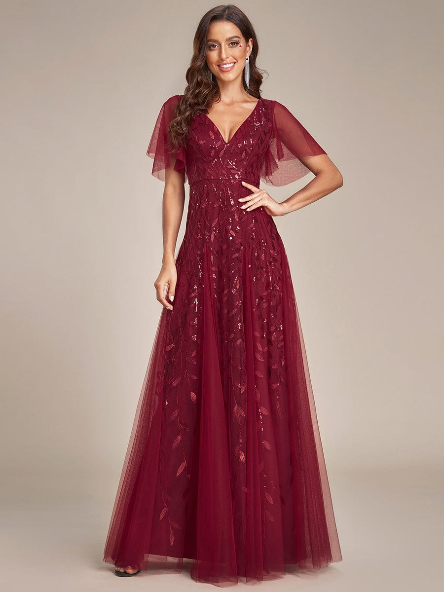 Shimmery V Neck Ruffle Sleeves Sequin Maxi Long Evening Dress #color_Burgundy