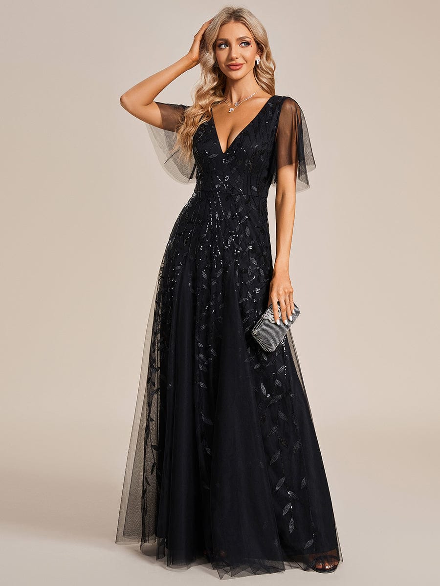 Shimmery V Neck Ruffle Sleeves Sequin Maxi Long Evening Dress #color_Black