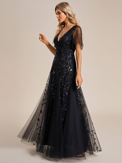 Shimmery V Neck Ruffle Sleeves Sequin Maxi Long Evening Dress #color_Black