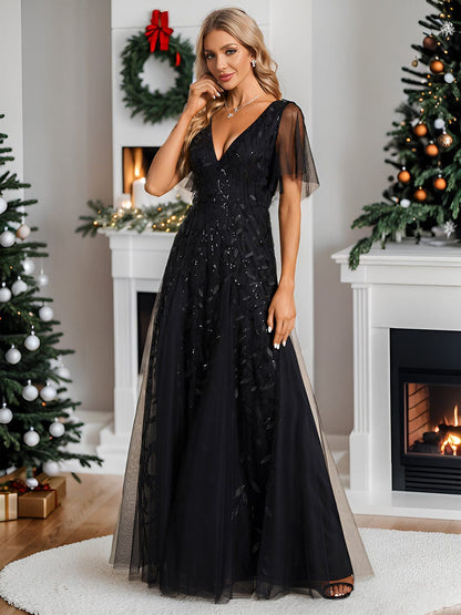 Shimmery V Neck Ruffle Sleeves Sequin Maxi Long Evening Dress #color_Black