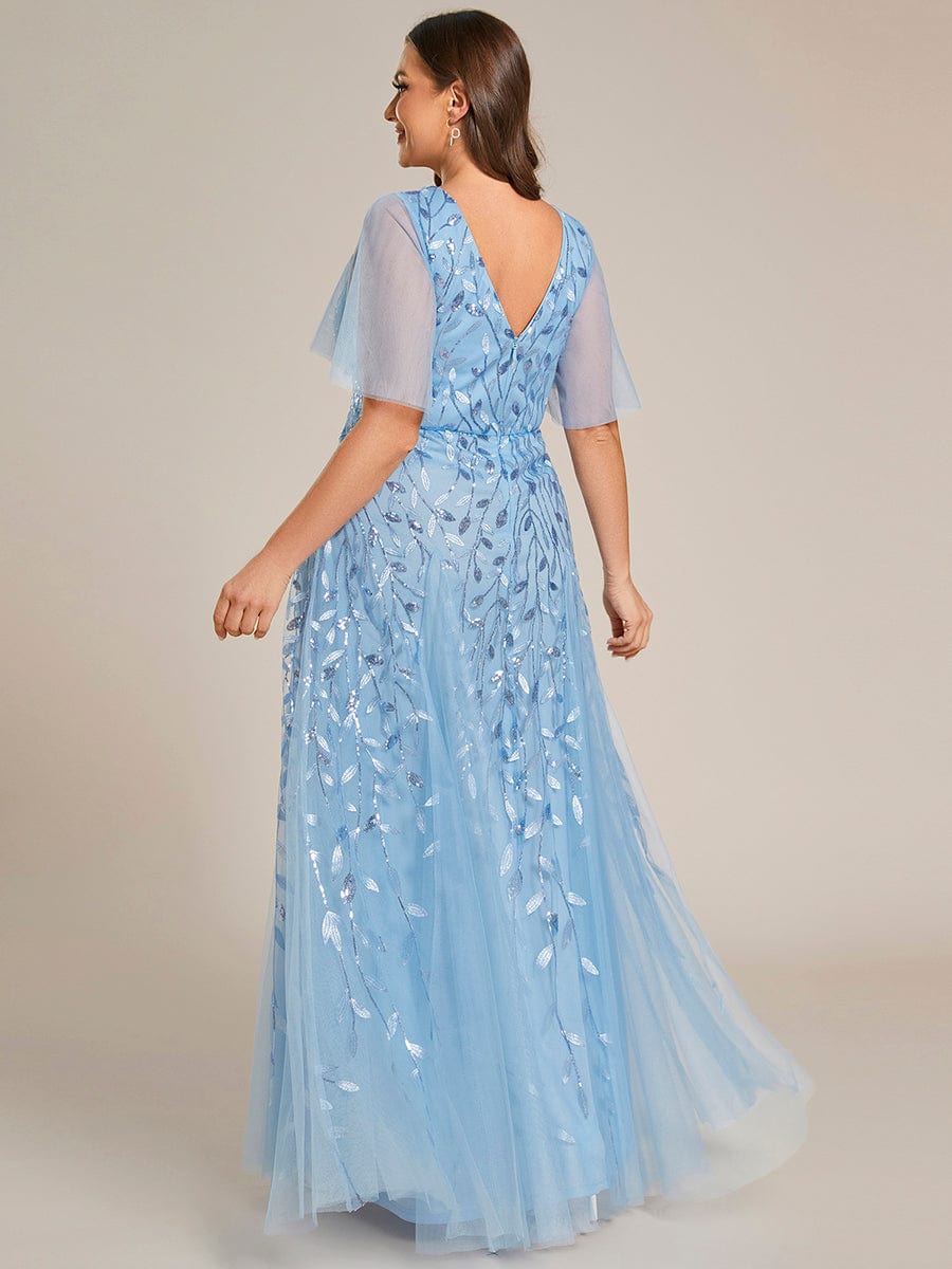 Custom Size V Neck Ruffle Sleeves Sequin Maxi Evening Dress #color_Sky Blue