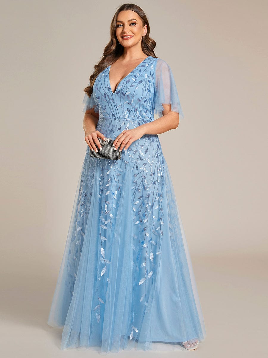 Custom Size V Neck Ruffle Sleeves Sequin Maxi Evening Dress #color_Sky Blue