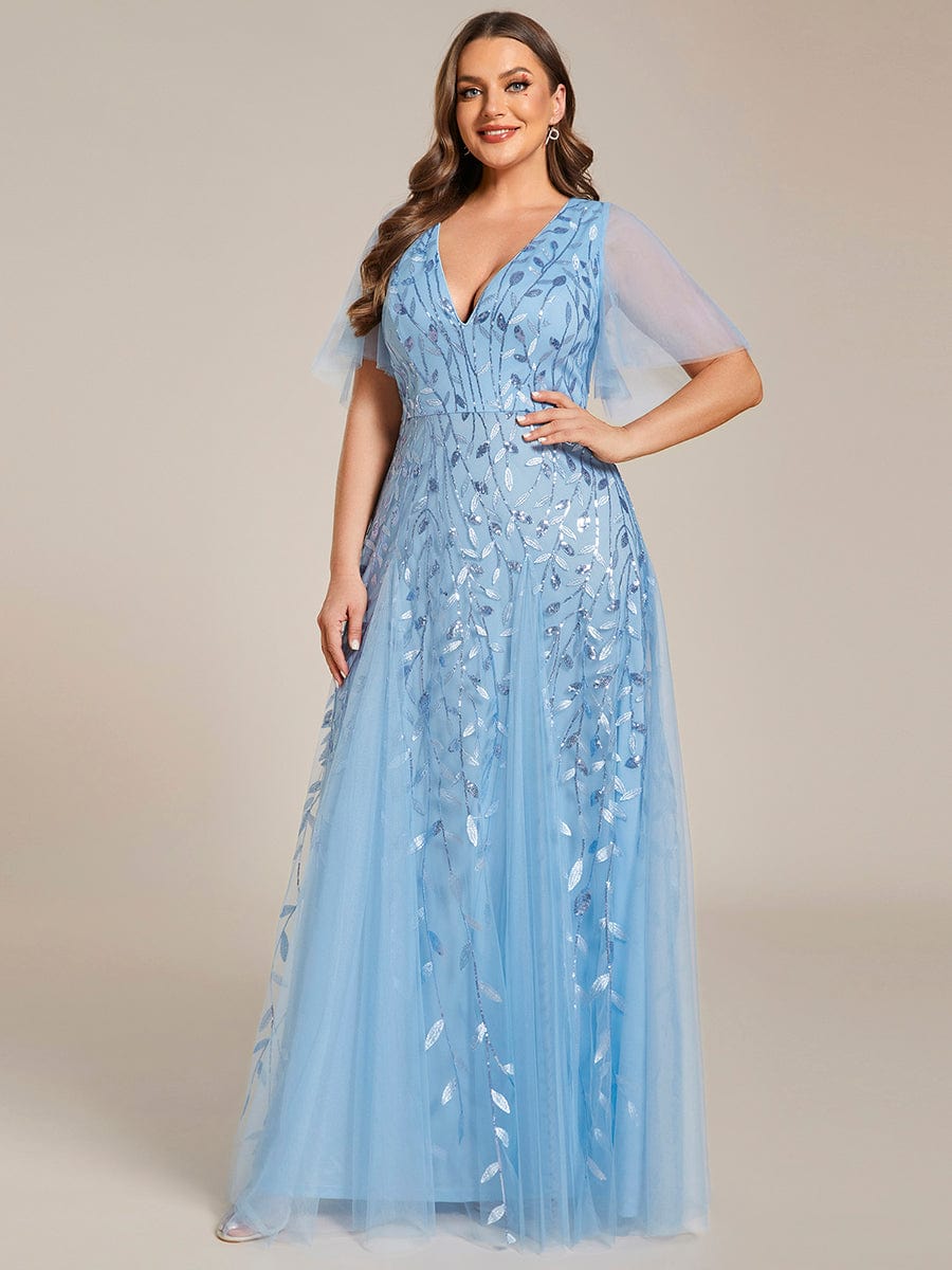 Custom Size V Neck Ruffle Sleeves Sequin Maxi Evening Dress #color_Sky Blue