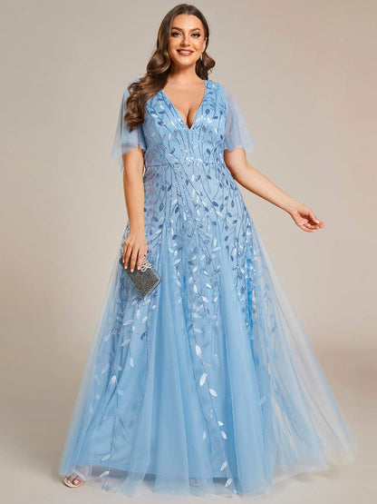 Custom Size V Neck Ruffle Sleeves Sequin Maxi Evening Dress #color_Sky Blue