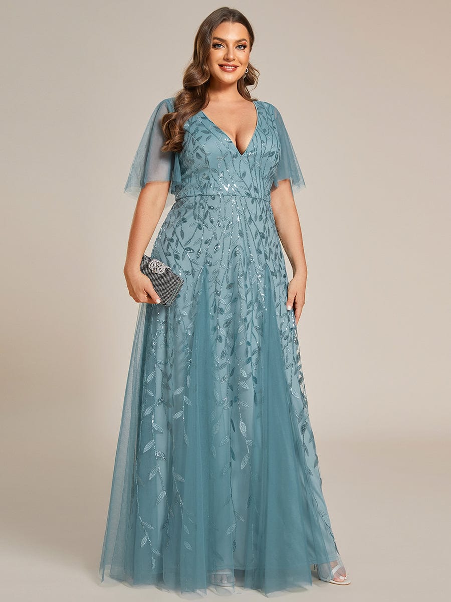 Custom Size V Neck Ruffle Sleeves Sequin Maxi Evening Dress #color_Dusty Blue