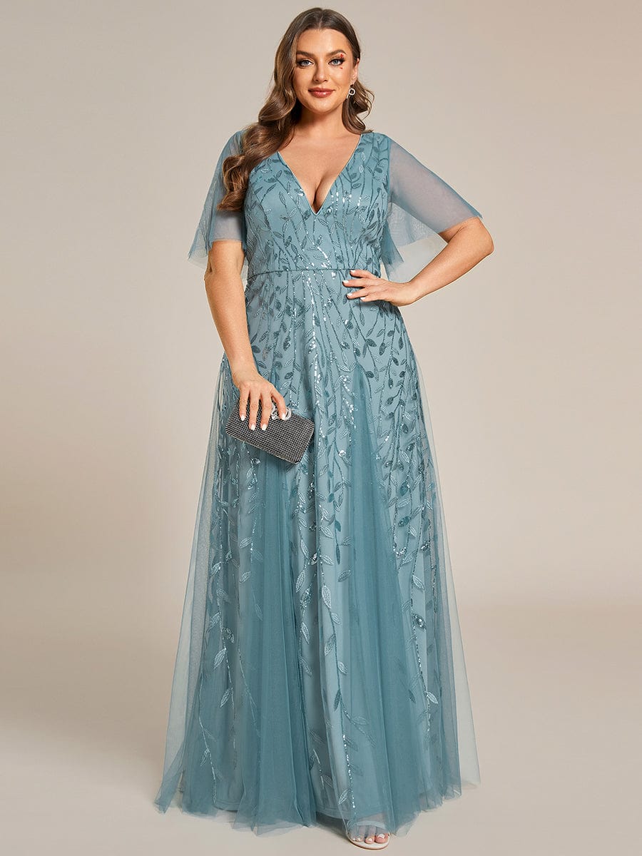 Custom Size V Neck Ruffle Sleeves Sequin Maxi Evening Dress #color_Dusty Blue