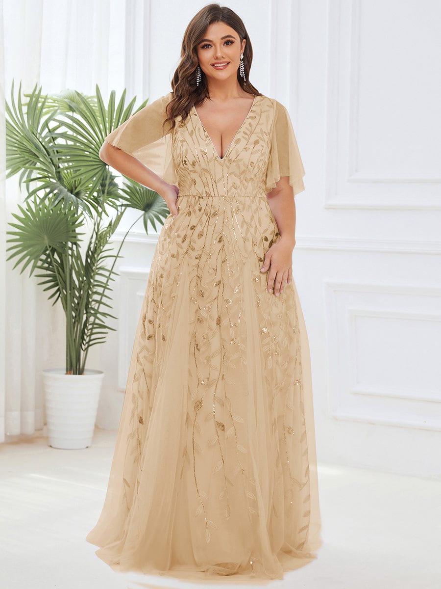 Deep V-Neck Leaf Sequin Tulle Short Sleeves Evening Dress #color_Gold