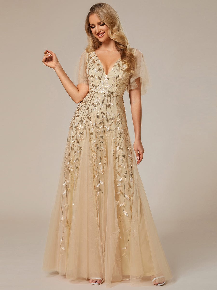 Deep V-Neck Leaf Sequin Tulle Short Sleeves Evening Dress #color_Gold