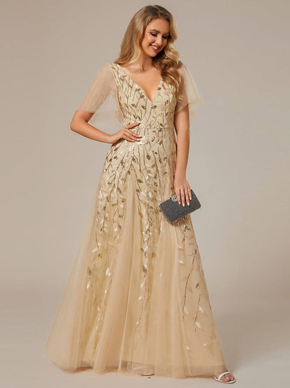 Deep V-Neck Leaf Sequin Tulle Short Sleeves Evening Dress #color_Gold