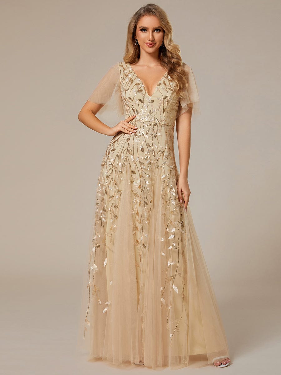 Deep V-Neck Leaf Sequin Tulle Short Sleeves Evening Dress #color_Gold