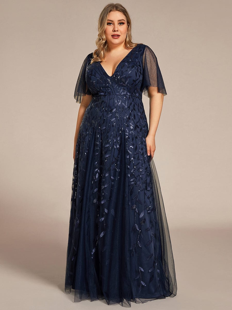 Custom Size V Neck Ruffle Sleeves Sequin Maxi Evening Dress #color_Navy Blue