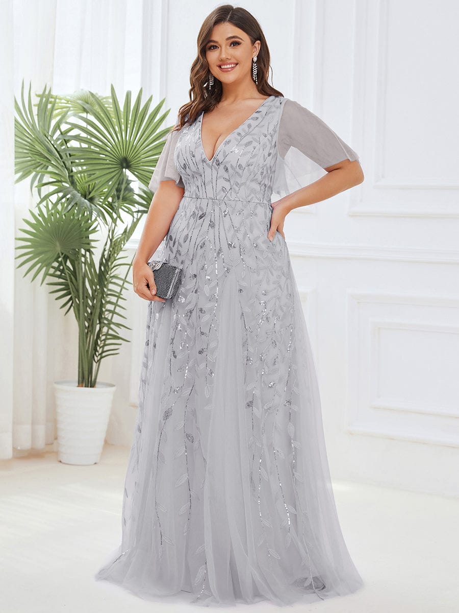 Deep V-Neck Leaf Sequin Tulle Short Sleeves Evening Dress #color_Silver