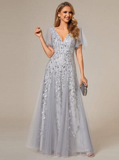 Deep V-Neck Leaf Sequin Tulle Short Sleeves Evening Dress #color_Silver