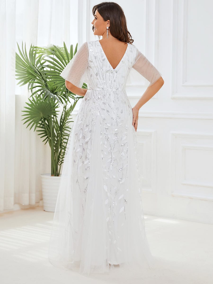 Deep V-Neck Leaf Sequin Tulle Short Sleeves Evening Dress #color_White