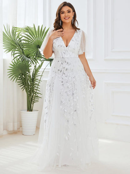 Deep V-Neck Leaf Sequin Tulle Short Sleeves Evening Dress #color_White