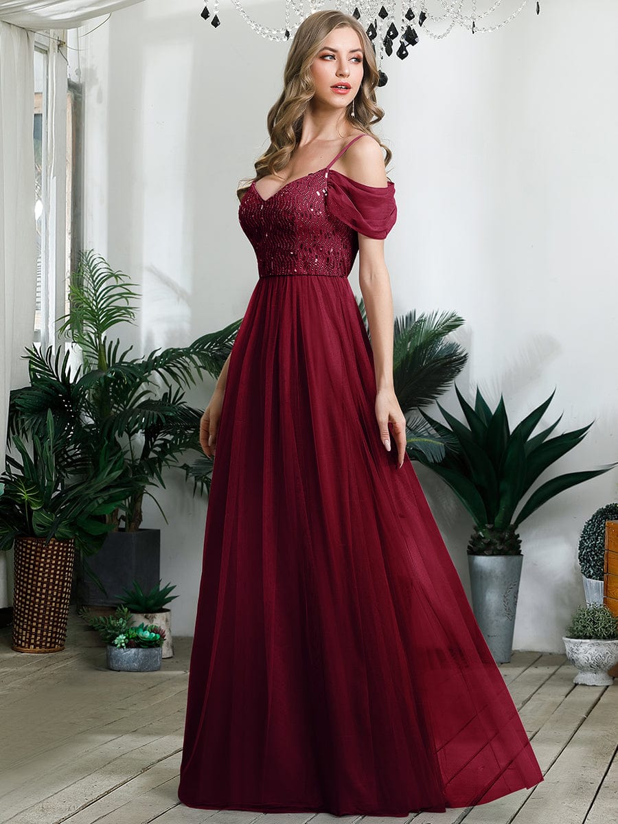 Custom Size Sequin Bodice Cold Shoulder Floor Length Tulle Bridesmaid Dress #color_Burgundy