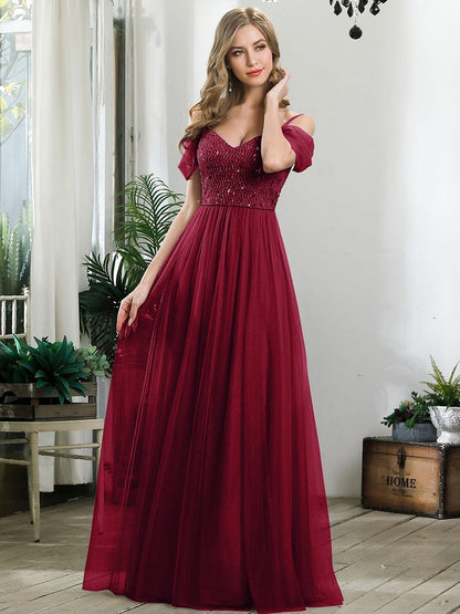 Custom Size Sequin Bodice Cold Shoulder Floor Length Tulle Bridesmaid Dress #color_Burgundy