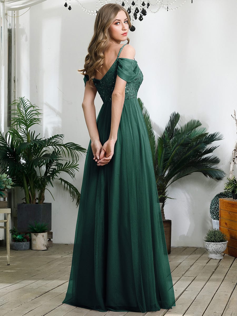 Custom Size Sequin Bodice Cold Shoulder Floor Length Tulle Bridesmaid Dress #color_Dark Green