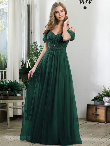 Custom Size Sequin Bodice Cold Shoulder Floor Length Tulle Bridesmaid Dress #color_Dark Green