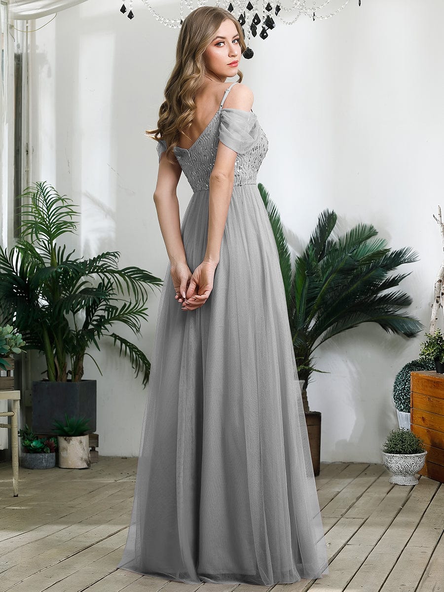 Custom Size Sequin Bodice Cold Shoulder Floor Length Tulle Bridesmaid Dress #color_Grey