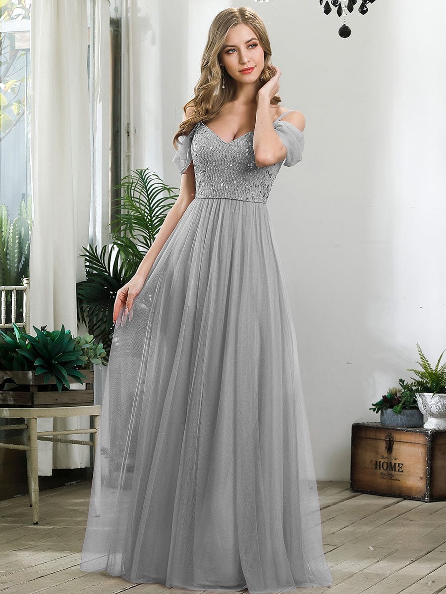 Custom Size Sequin Bodice Cold Shoulder Floor Length Tulle Bridesmaid Dress #color_Grey