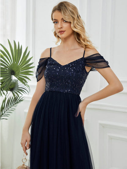 Custom Size Sequin Bodice Cold Shoulder Floor Length Tulle Bridesmaid Dress #color_Navy Blue